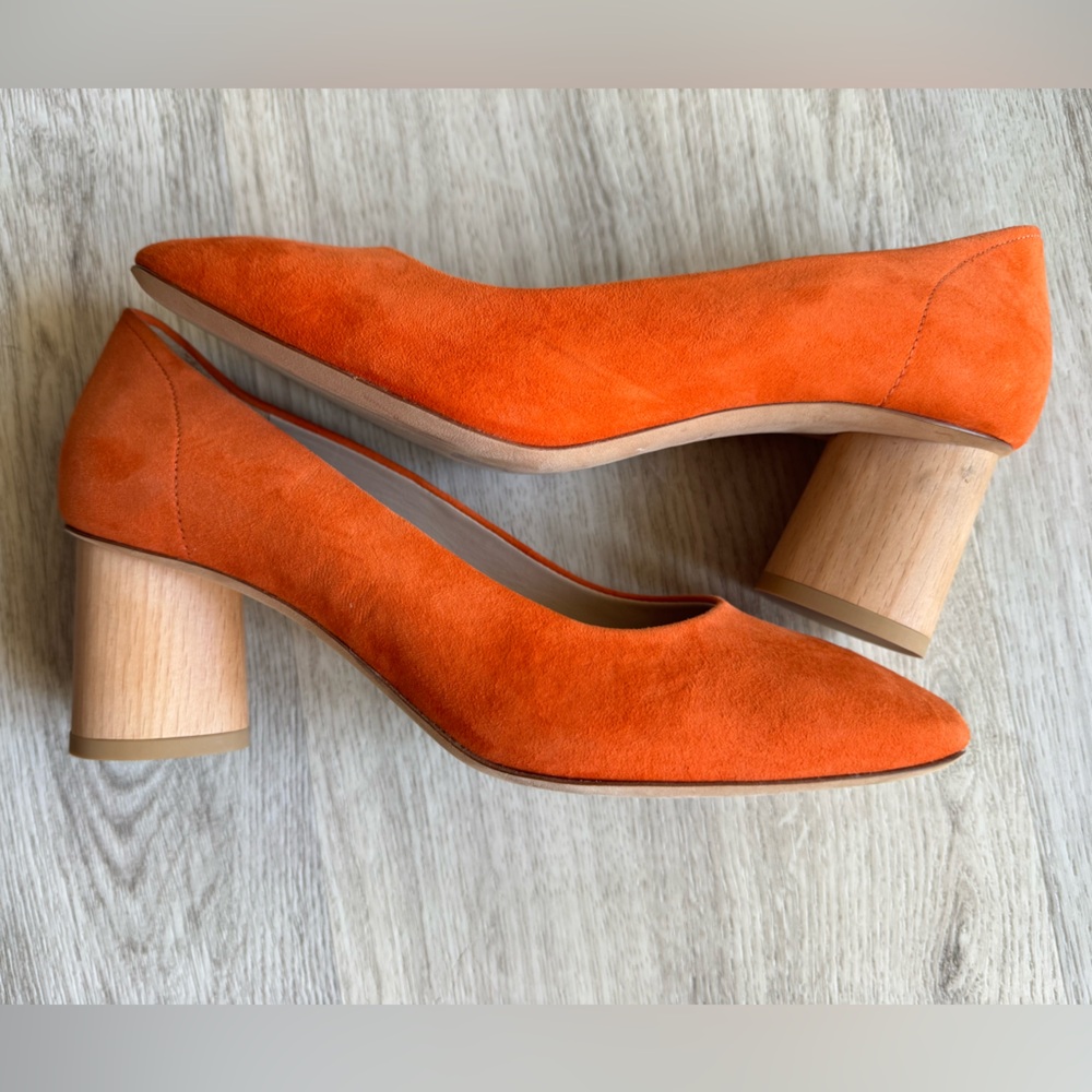 COS Orange Suede & Wood Block Heel Mod Style Square Toe Pumps Short Heels Size 7 - Picture 6 of 14
